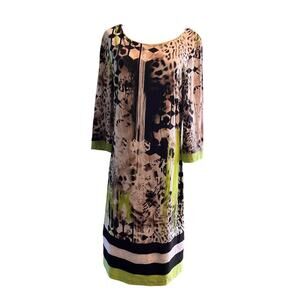 Frank Lyman Shift Dress 3/4 Sleeves, Knee Length. Black/Lime Green. Size Small